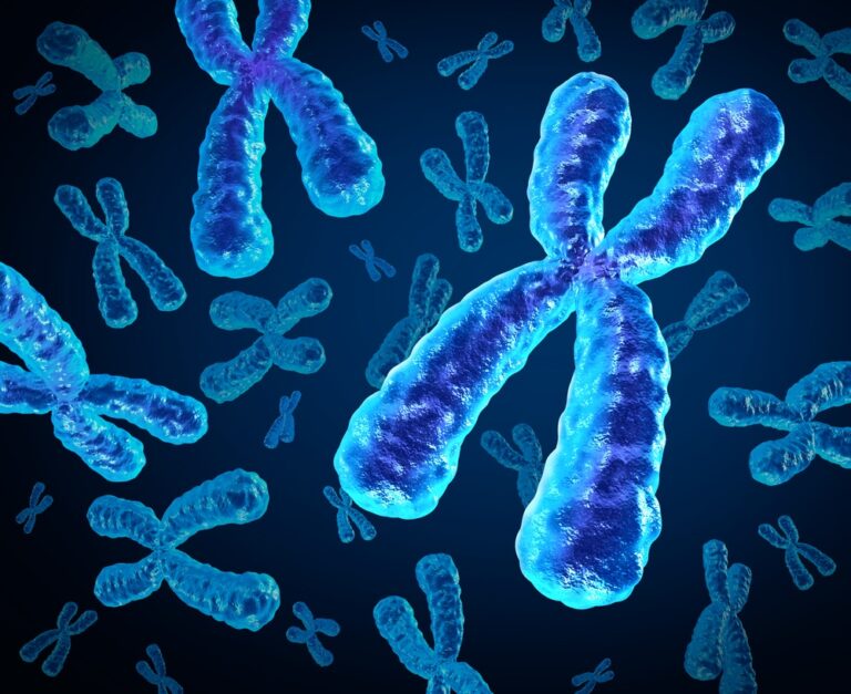 Blue chromosomes floating on blue background, graphic