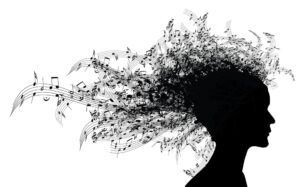 Graphic illustration of black-and-white head silhouette with music notes as hair