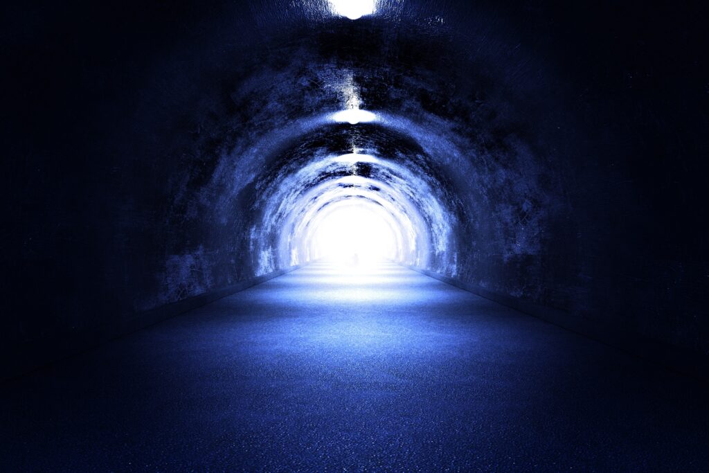 Light at the end of a tunnel, blue tint